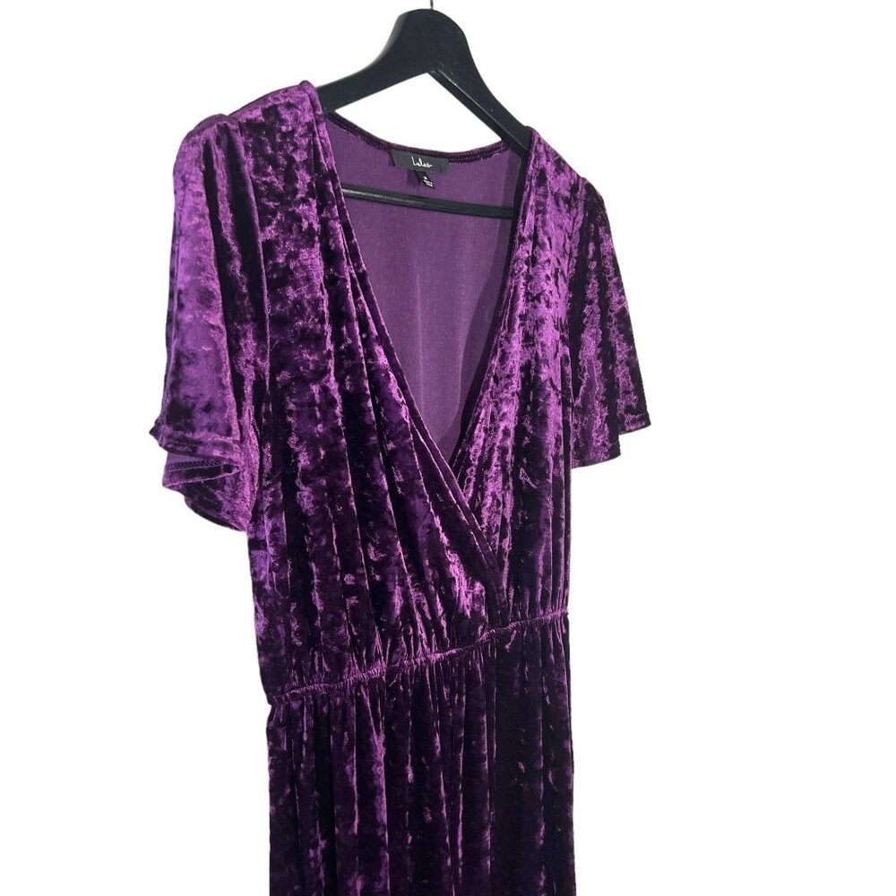 Lulus Purple Party Diva Crush Velvet Short Sleeve V Neck Wide Leg Jumpsuit Mediu - Picture 2 of 12